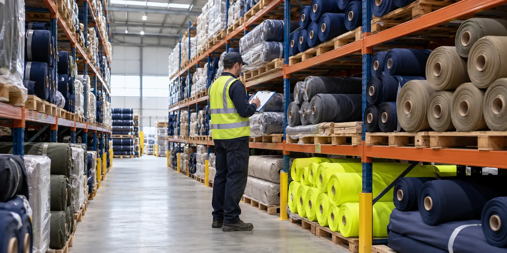 Fabric rolls organised in a textile stock warehouse