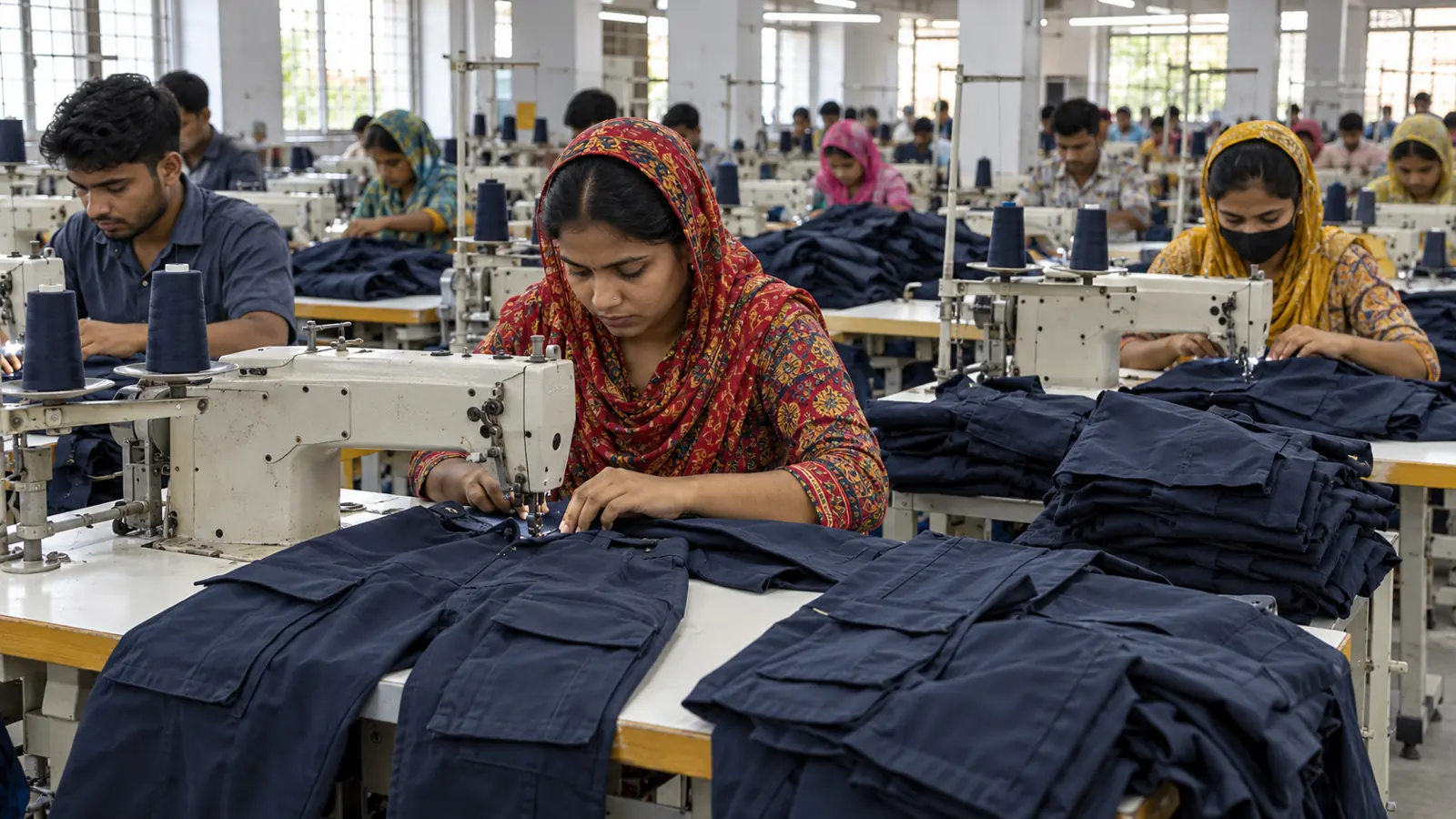 Garment workers sewing navy workwear on a production line