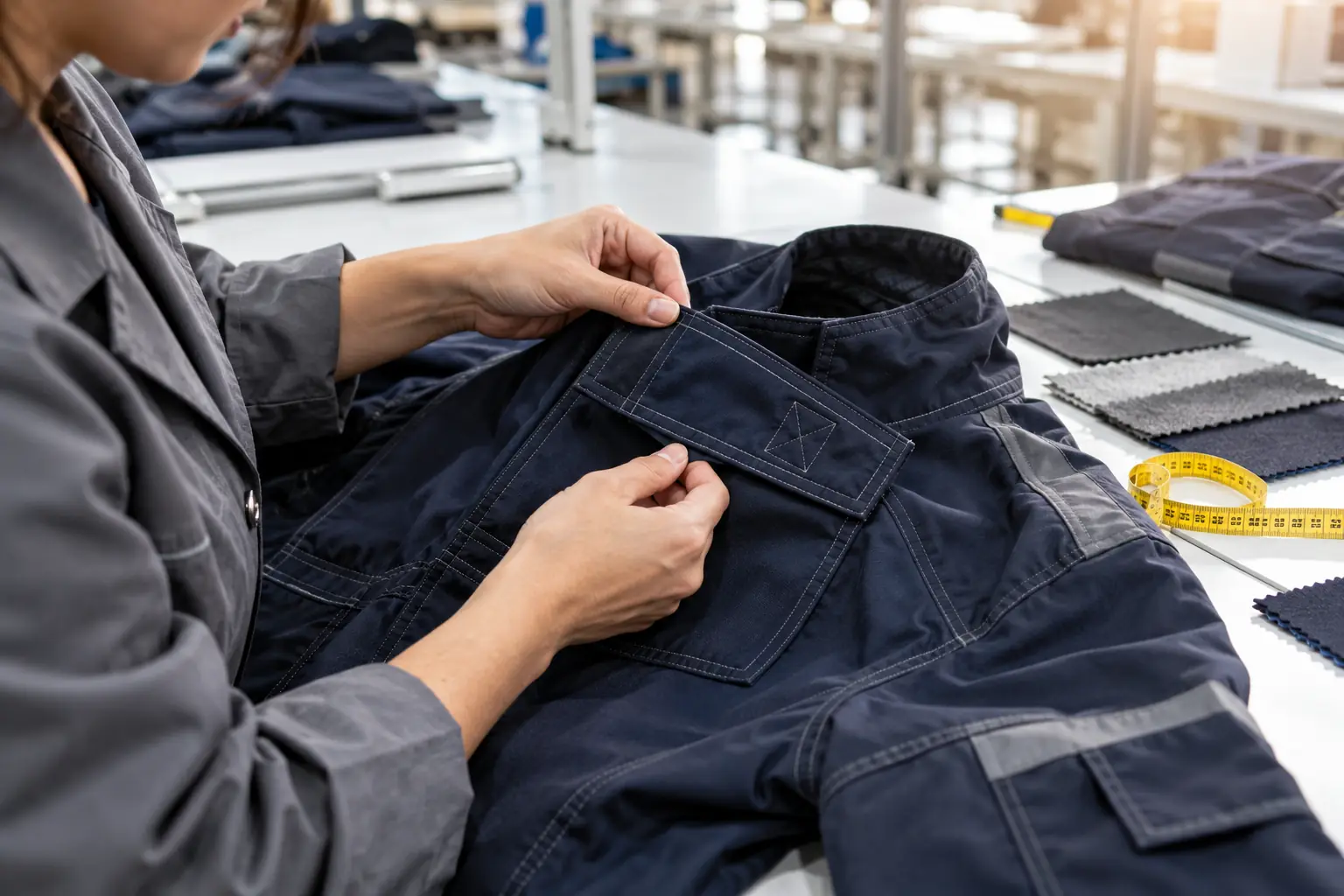 Hands checking the seams of a work jacket