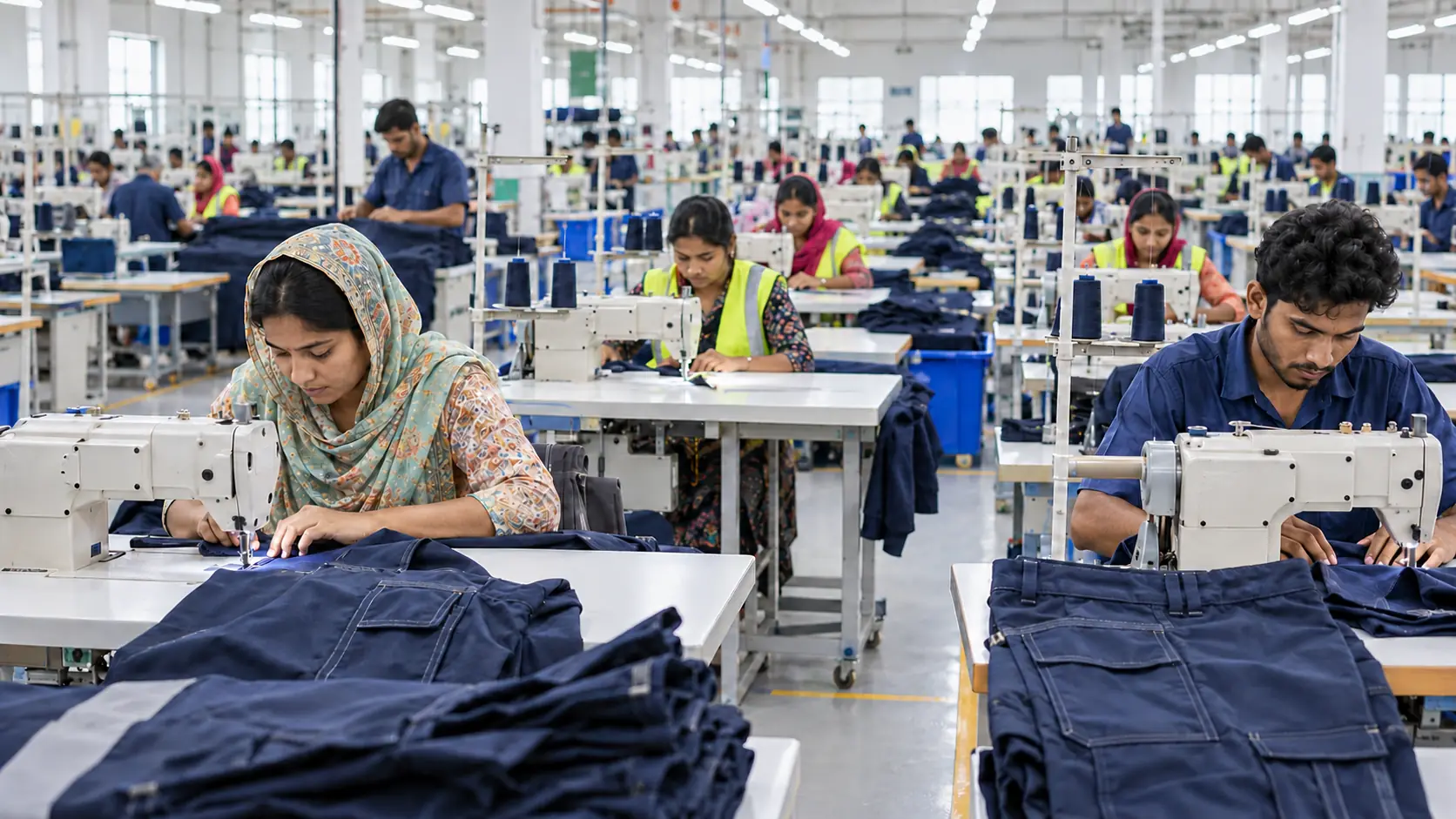 Garment workers sewing workwear on a production line