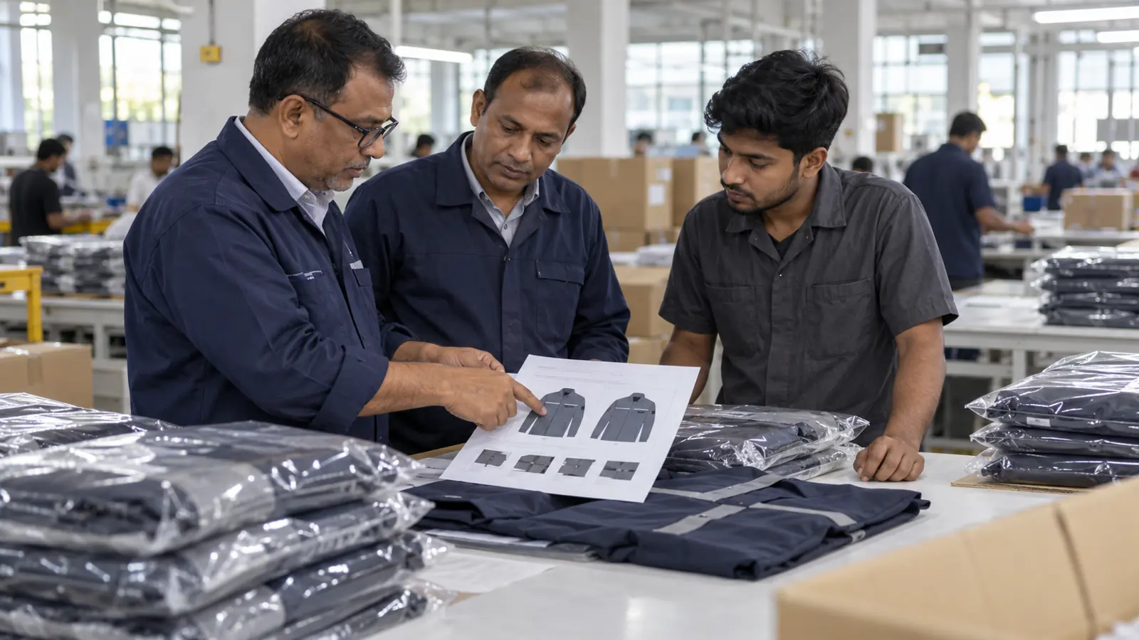 Bangladeshi workwear production team reviewing a garment specification